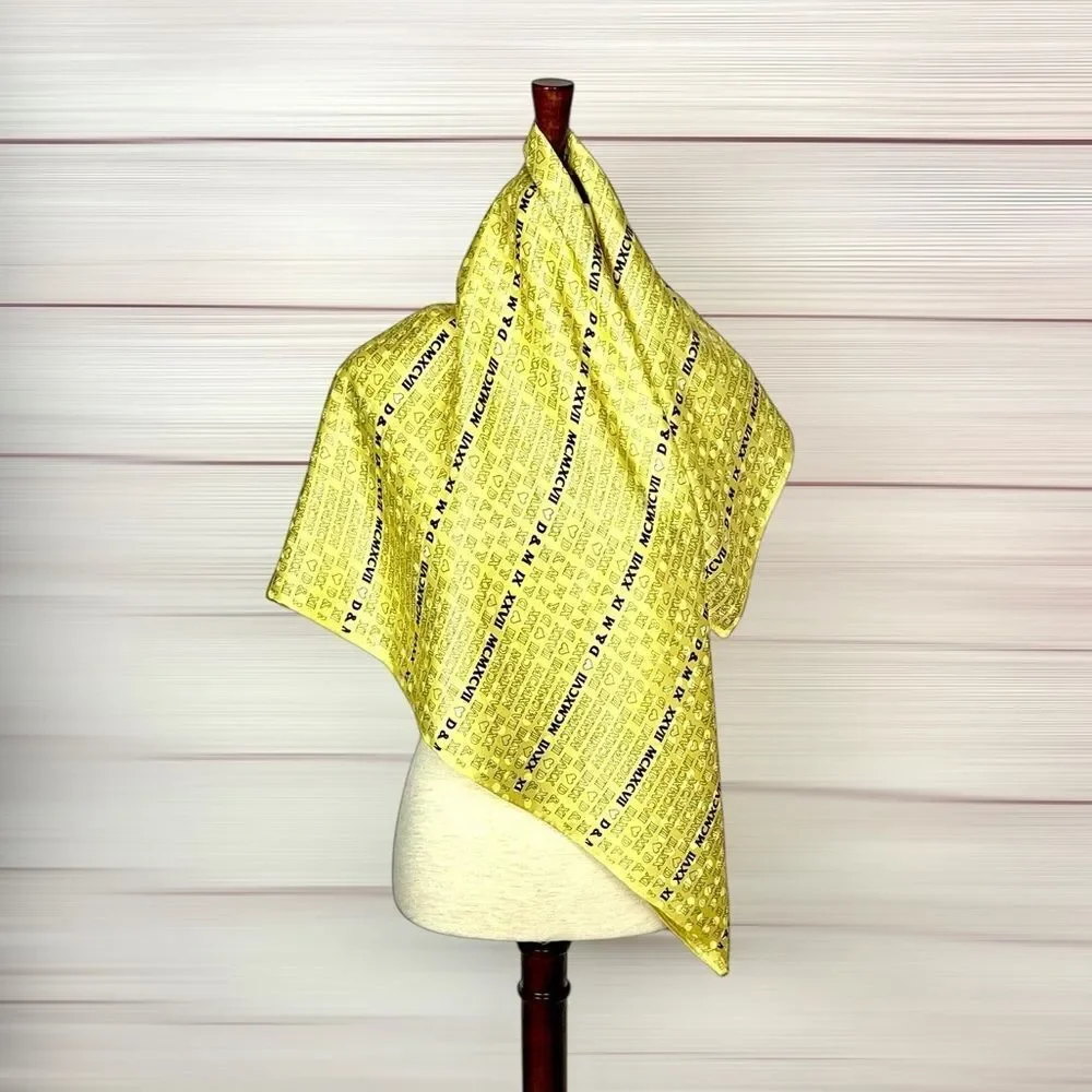 Yellow Silk Satin Scarf Roman Numerals and Initials Print Hand Rolled 34x34